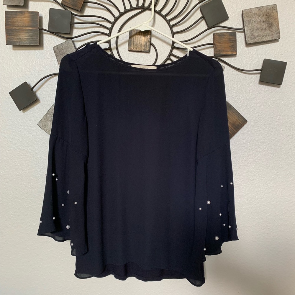 Loft navy blouse with pearl sleeves